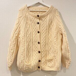 Vintage Irish Wool Fisherman Cardigan Cream Cable Knit Sweater
